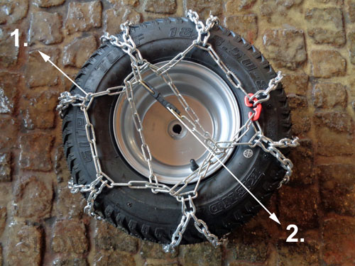 2er-Set Schneekette für Reifen = 18 x 9.50 - 8 - für Reifen 18 x 9.50 - 8 -  Seilformkette - für begrenzten Platz zwischen Reifen und Chassis